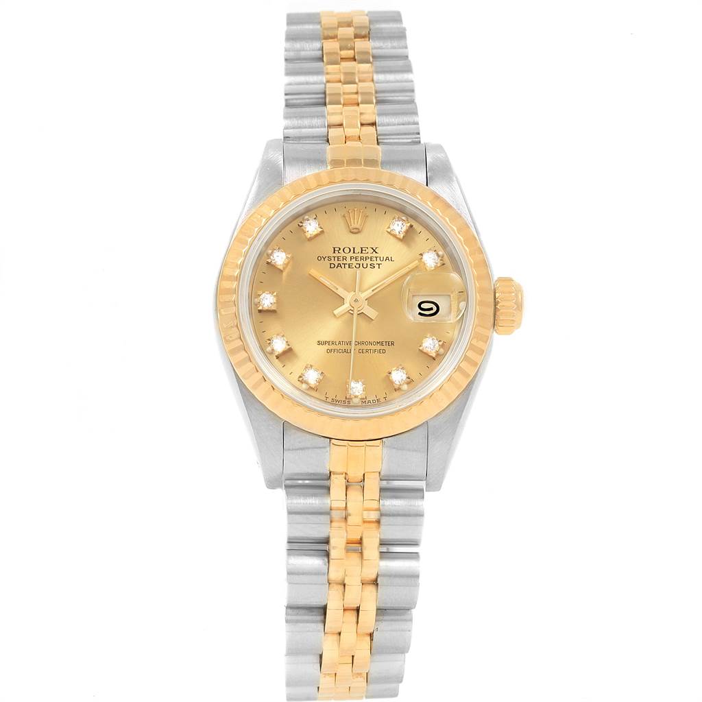 This image shows a Rolex Datejust 69173 Women's Stainless Steel Champagne Dial 69173 Women's Stainless Steel Champagne Dial watch from a top-down angle, highlighting the dial, bezel, and two-tone bracelet.
