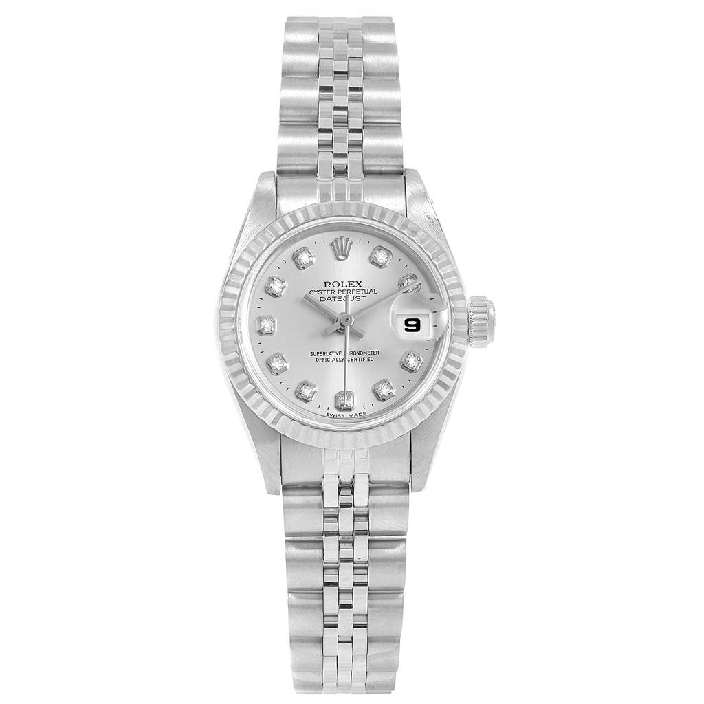 The image shows a front view of a Rolex Datejust 69174 Women's Stainless Steel Silver Dial 69174 Women's Stainless Steel Silver Dial watch, highlighting its face, bezel, dial, and bracelet.