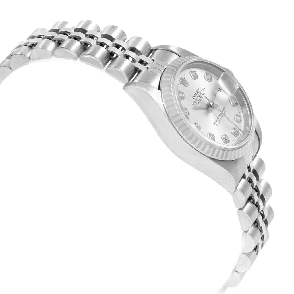 The image shows a side angle of a Rolex Datejust 69174 Women's Stainless Steel Silver Dial 69174 Women's Stainless Steel Silver Dial watch, featuring the bracelet and part of the dial.