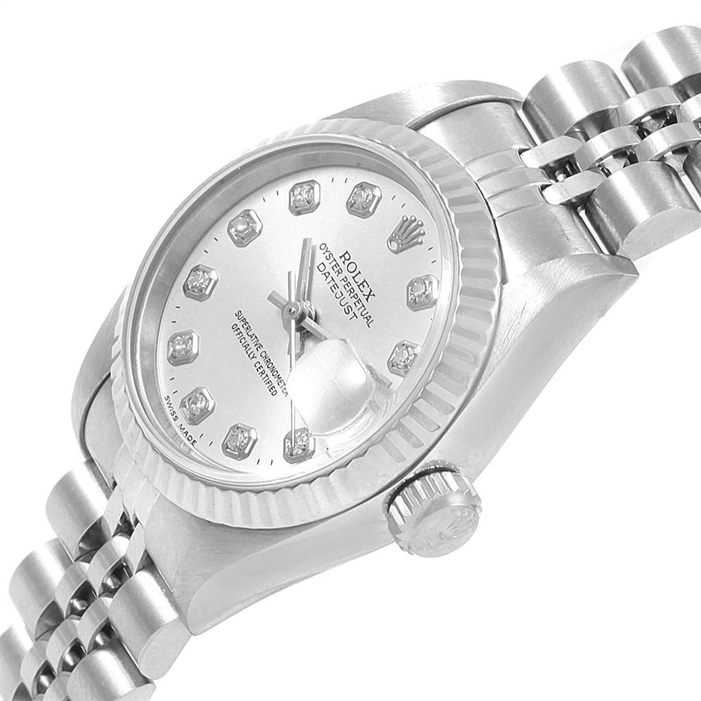 This image shows a close-up angle of the Rolex Datejust 69174 Women's Stainless Steel Silver Dial 69174 Women's Stainless Steel Silver Dial watch, focusing on the dial, crown, and part of the bracelet.