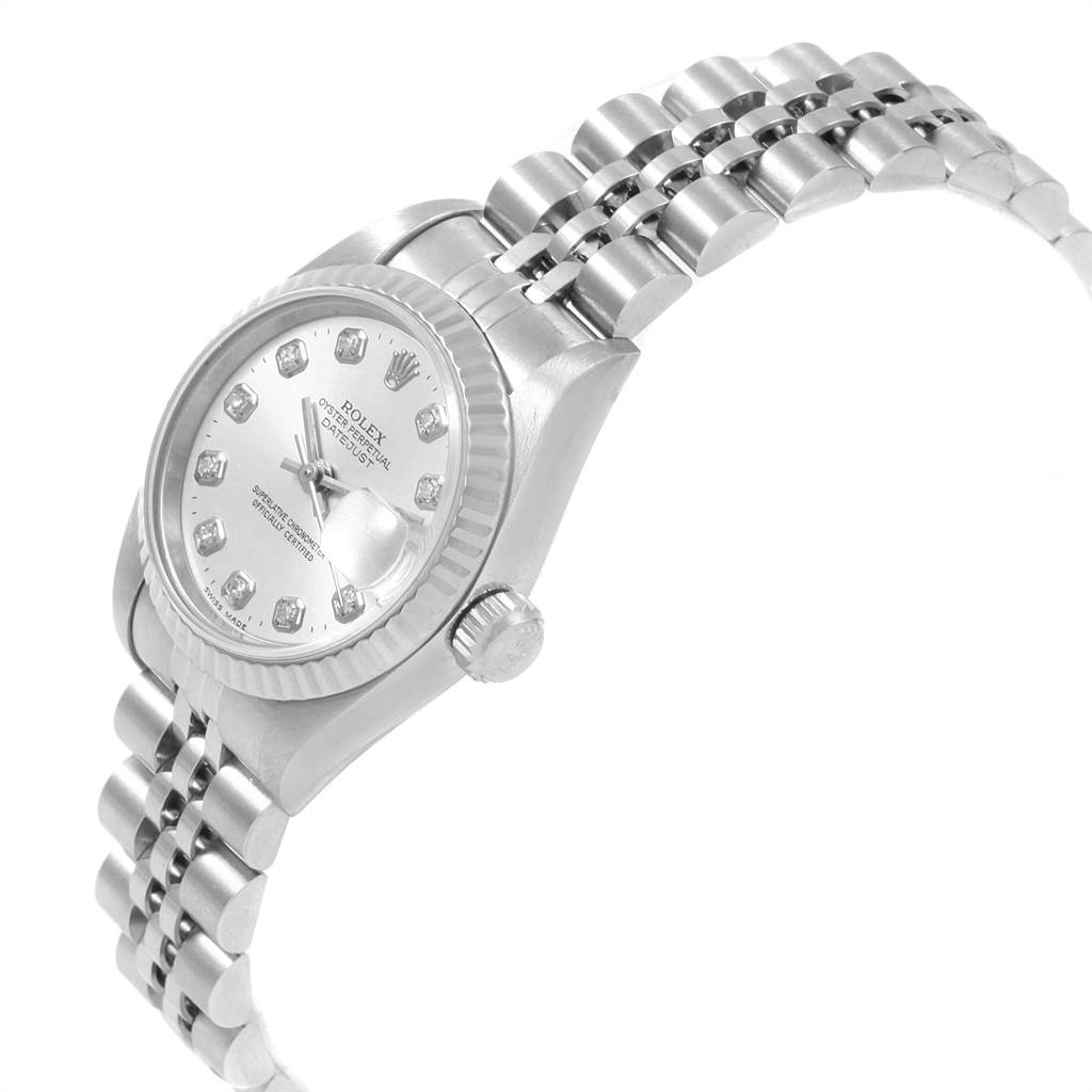 The image shows a side angle view of a Rolex Datejust 69174 Women's Stainless Steel Silver Dial 69174 Women's Stainless Steel Silver Dial watch, highlighting the dial, bezel, and bracelet.