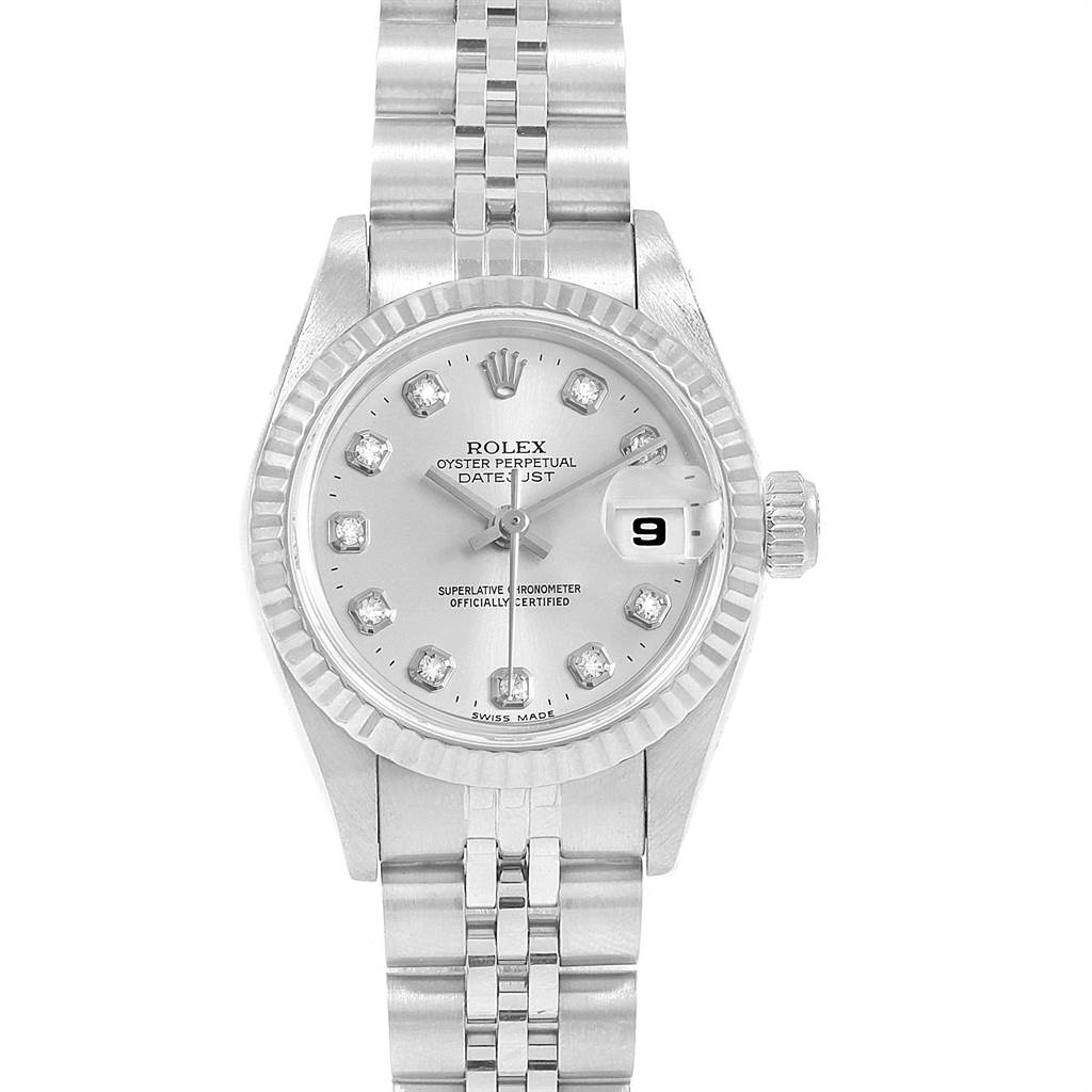 The Rolex Datejust 69174 Women's Stainless Steel Silver Dial 69174 Women's Stainless Steel Silver Dial watch is shown from a top-down angle, displaying the dial, date window, and band.