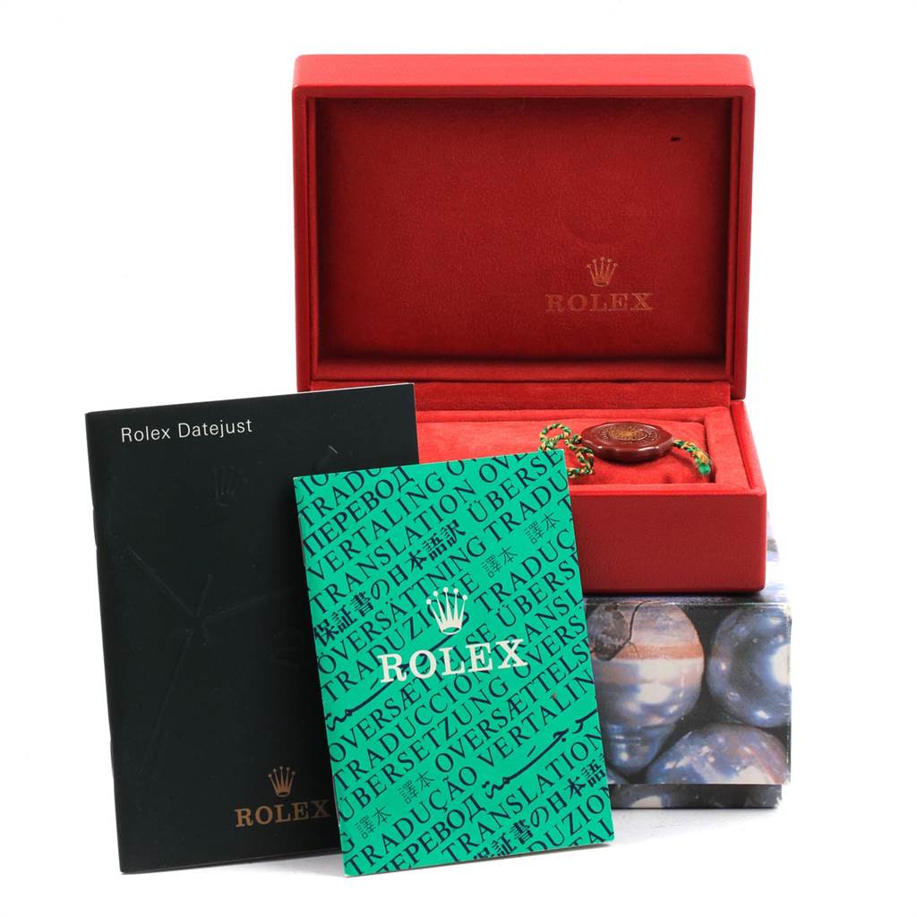 The image shows a Rolex Datejust 69174 Women's Stainless Steel Silver Dial 69174 Women's Stainless Steel Silver Dial red box, a Rolex tag, and accompanying booklets.
