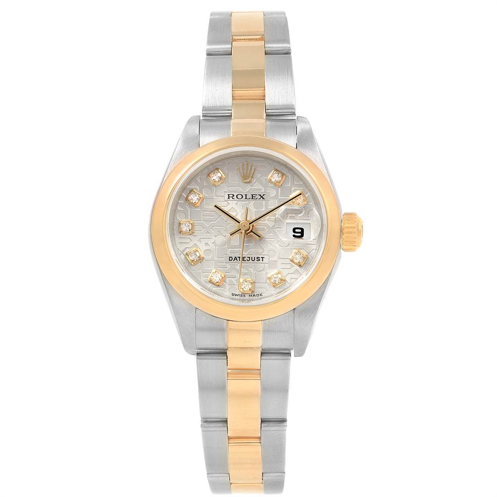 The Rolex Datejust 79163 Women
s Steel and Gold (two tone) Silver Dial 79163 Women
s Steel and Gold (two tone) Silver Dial watch is shown from a front angle, displaying the face, bezel, and bracelet.