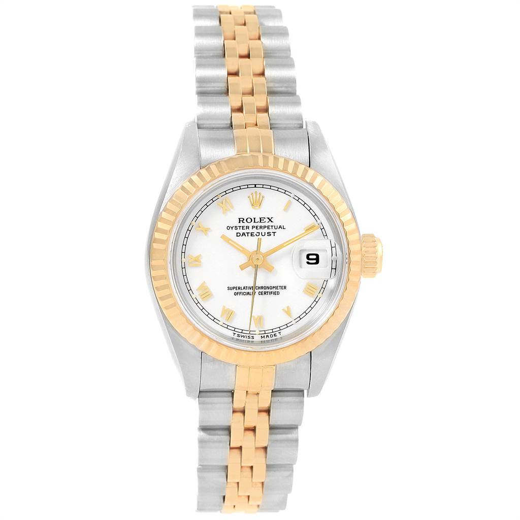 This is a front view of a Rolex Datejust 69173 Women's Stainless Steel White Dial 69173 Women's Stainless Steel White Dial watch, showing the face, bezel, and bracelet.