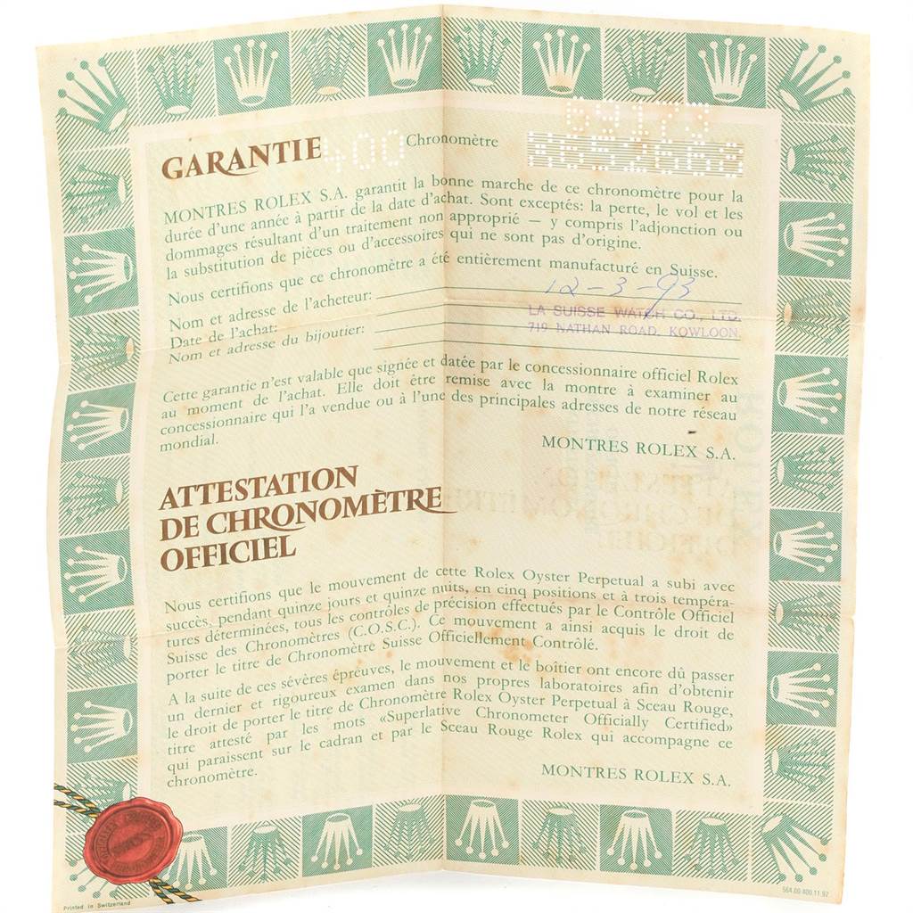 This is a Rolex Datejust 69173 Women's Stainless Steel White Dial 69173 Women's Stainless Steel White Dial warranty and chronometer certification document.