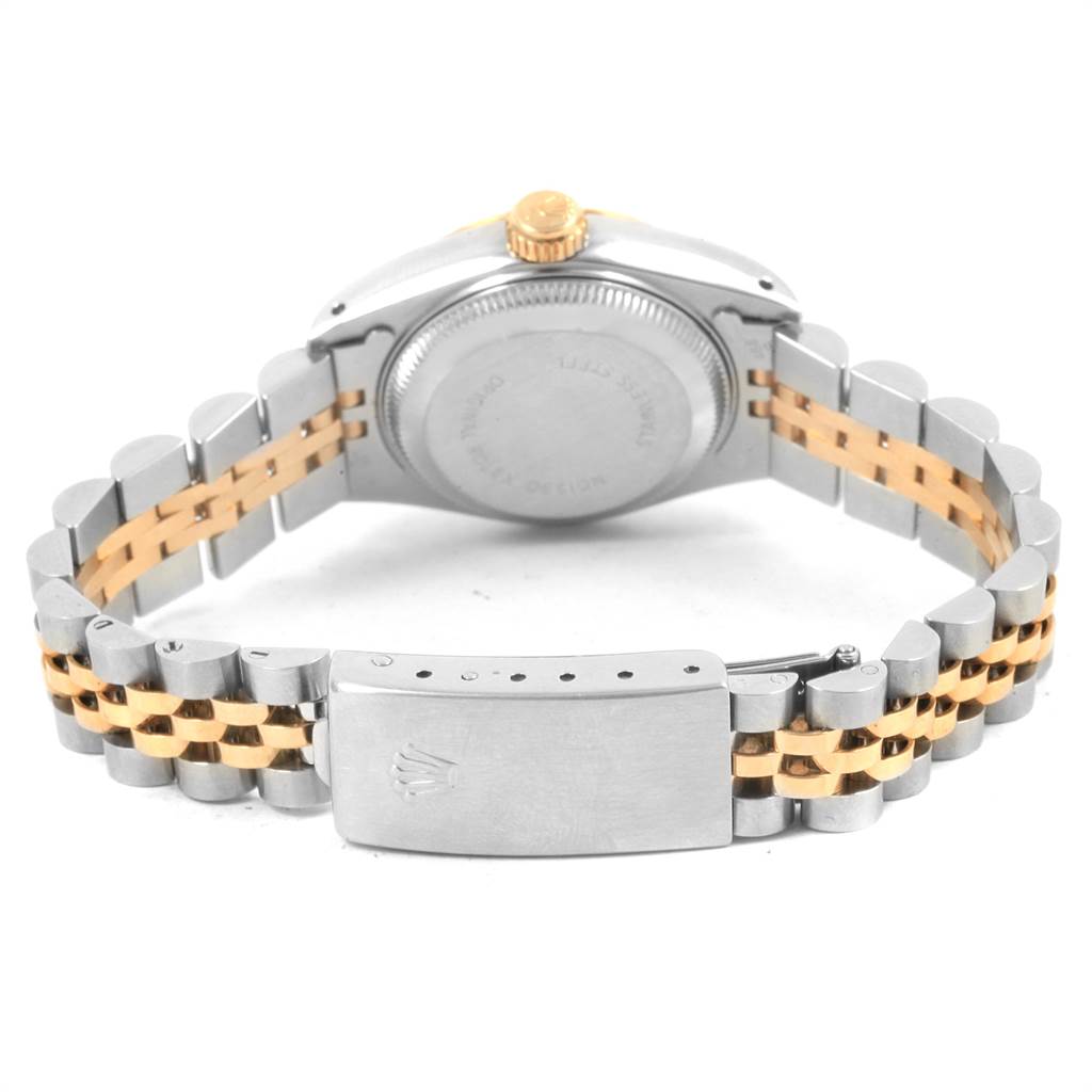 The image shows the back and bracelet of a Rolex Datejust 69173 Women's Stainless Steel White Dial 69173 Women's Stainless Steel White Dial watch, with focus on the clasp and crown.