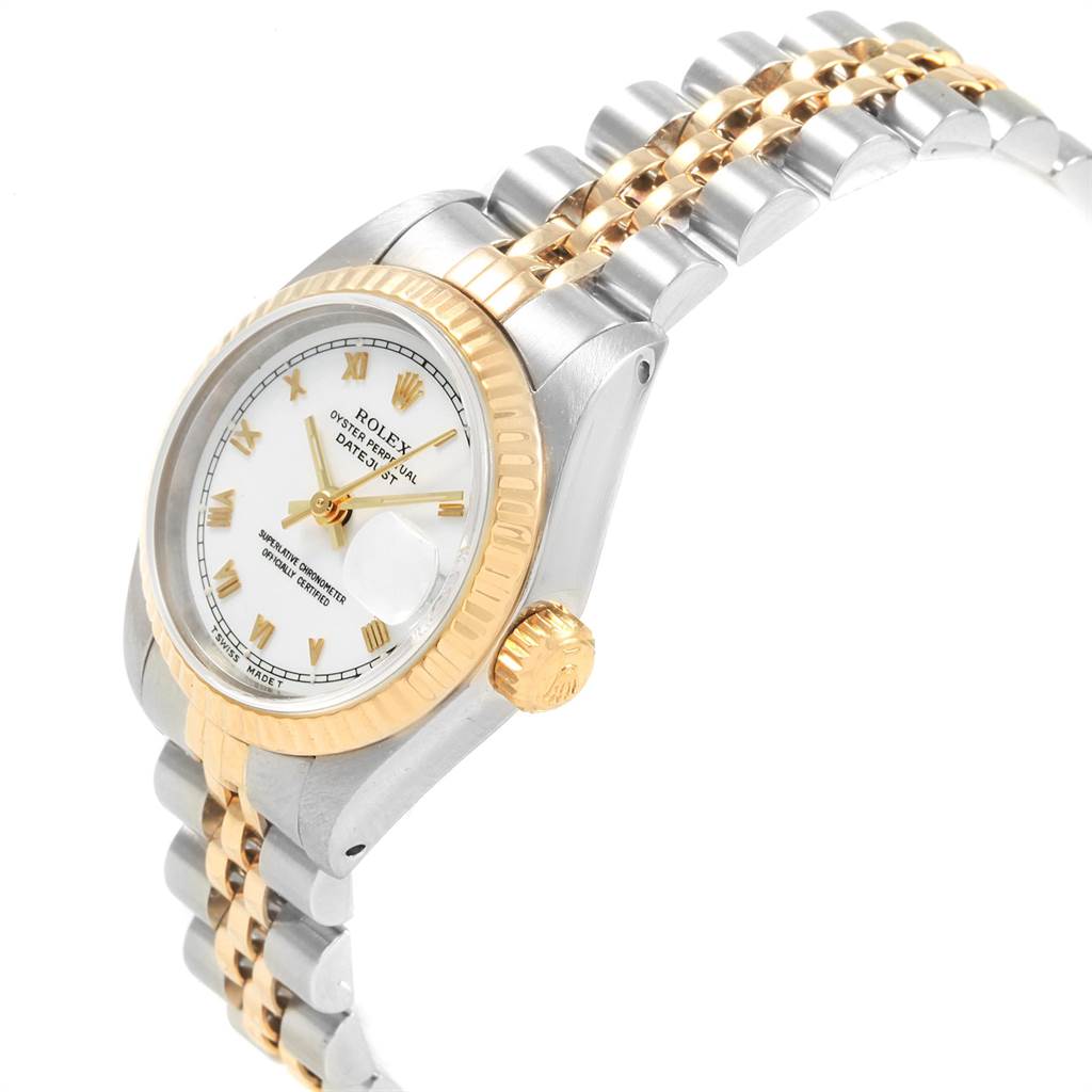 The Rolex Datejust 69173 Women's Stainless Steel White Dial 69173 Women's Stainless Steel White Dial watch is shown at a slight angle, highlighting the crown, bezel, and part of the bracelet.