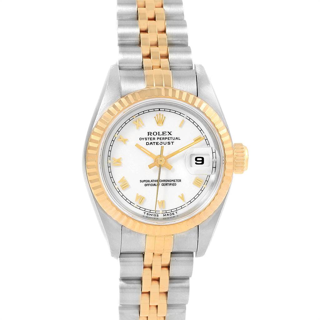 This image shows a front view of the Rolex Datejust 69173 Women's Stainless Steel White Dial 69173 Women's Stainless Steel White Dial watch, highlighting its dial, bezel, and bracelet.