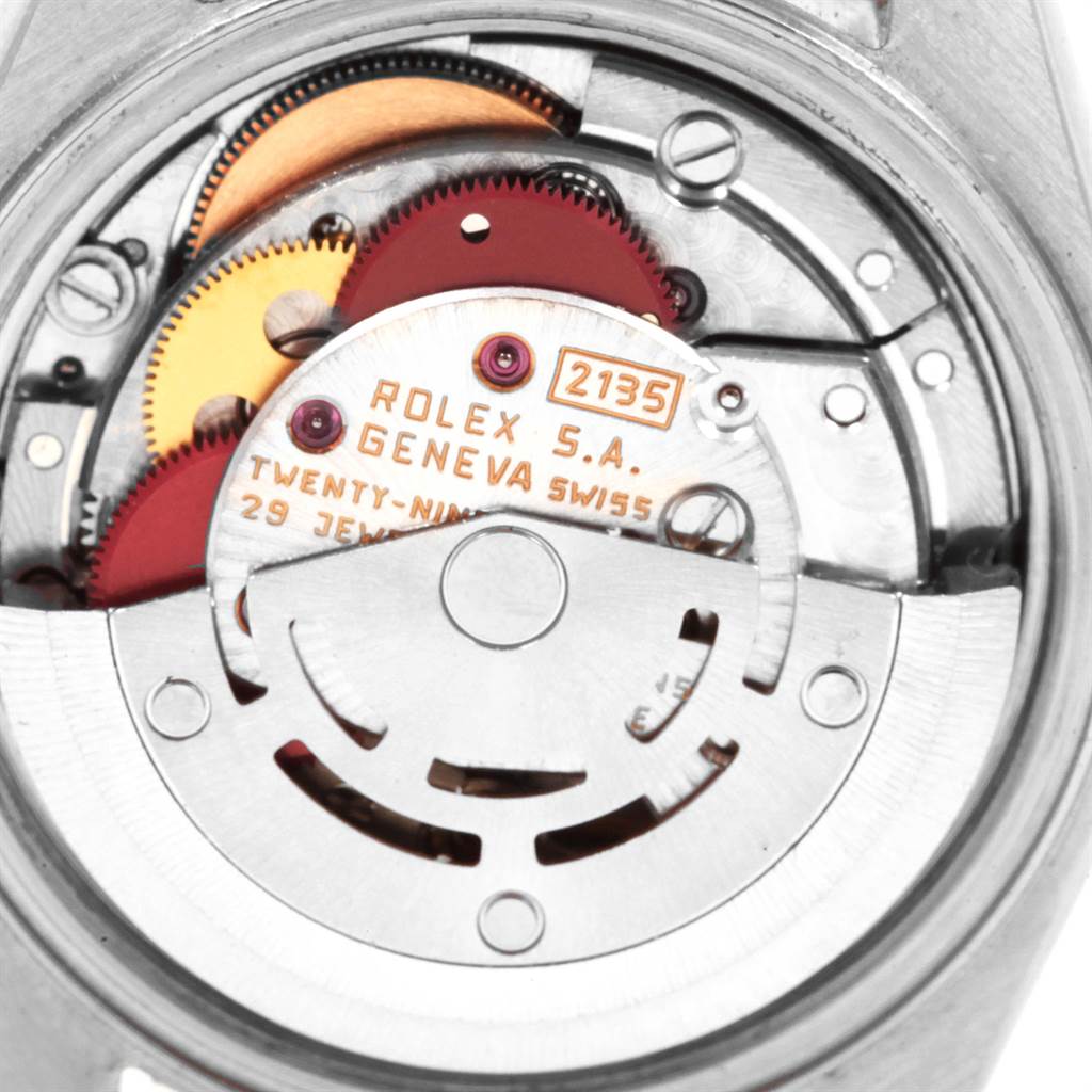 This image shows the internal mechanism of a Rolex Datejust 69173 Women's Stainless Steel White Dial 69173 Women's Stainless Steel White Dial watch, viewed from the back case.