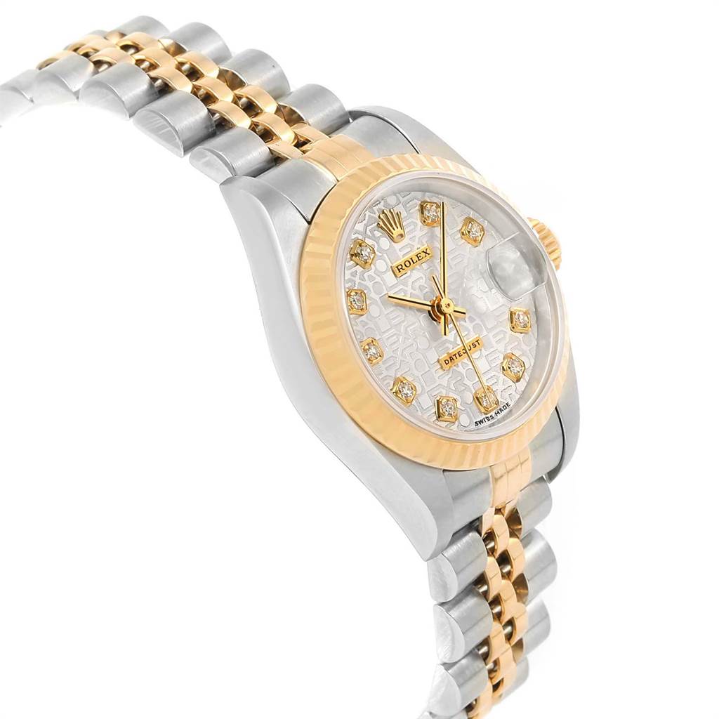 The image shows a side angle of a Rolex Datejust 79173 Women's Steel and Gold (two tone) Silver Dial 79173 Women's Steel and Gold (two tone) Silver Dial watch, displaying its silver and gold bracelet, diamond-set dial, and fluted bezel.