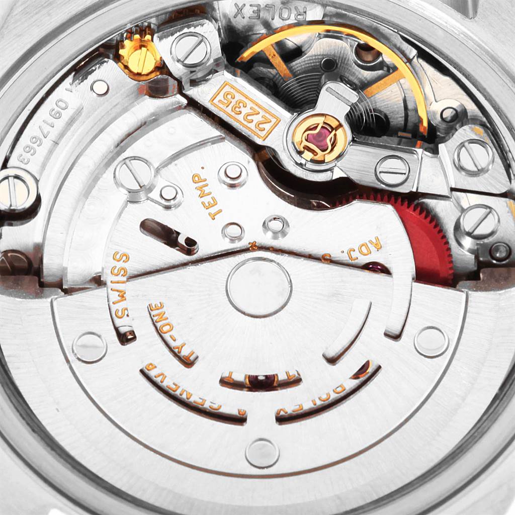 This image shows a close-up of the movement mechanism inside a Rolex Datejust 79173 Women's Steel and Gold (two tone) Silver Dial 79173 Women's Steel and Gold (two tone) Silver Dial watch.