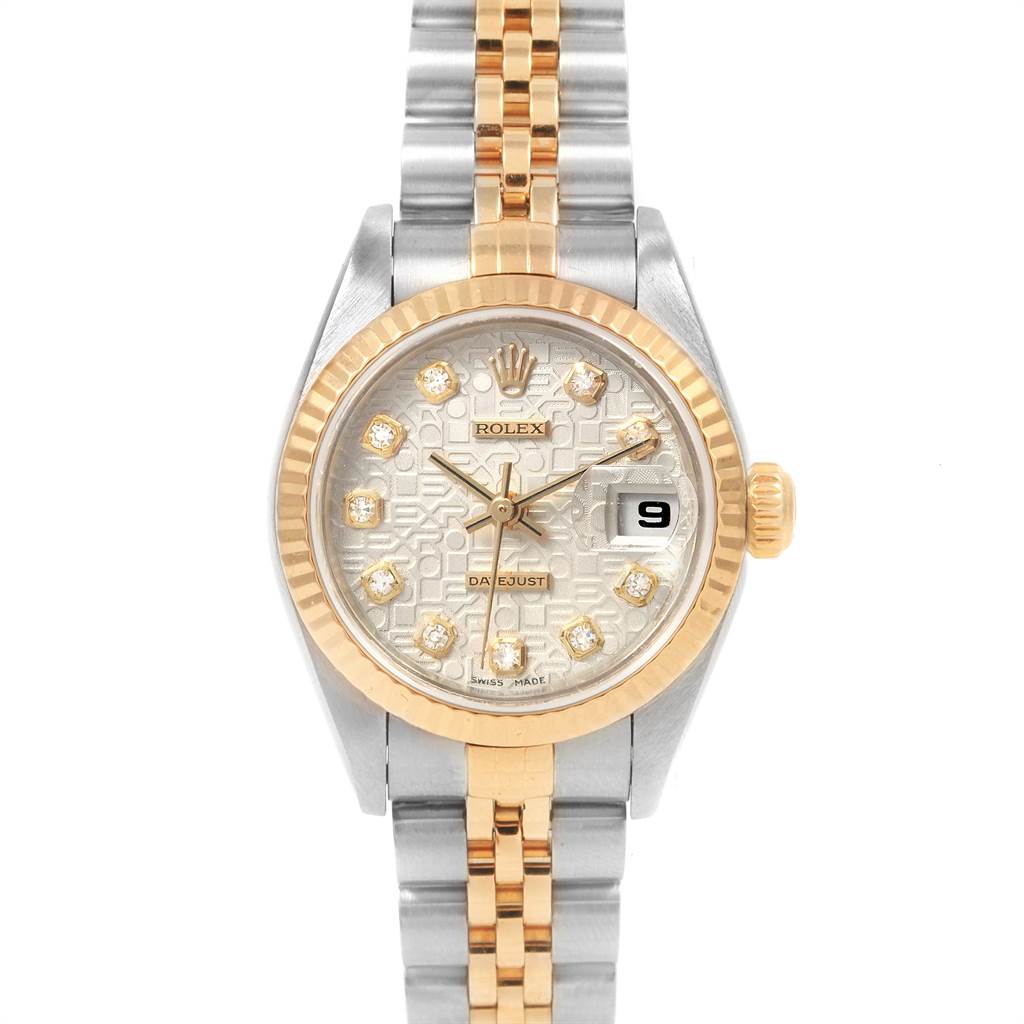 The image shows a front angle view of a Rolex Datejust 79173 Women's Steel and Gold (two tone) Silver Dial 79173 Women's Steel and Gold (two tone) Silver Dial watch, displaying its dial, case, crown, and bracelet.