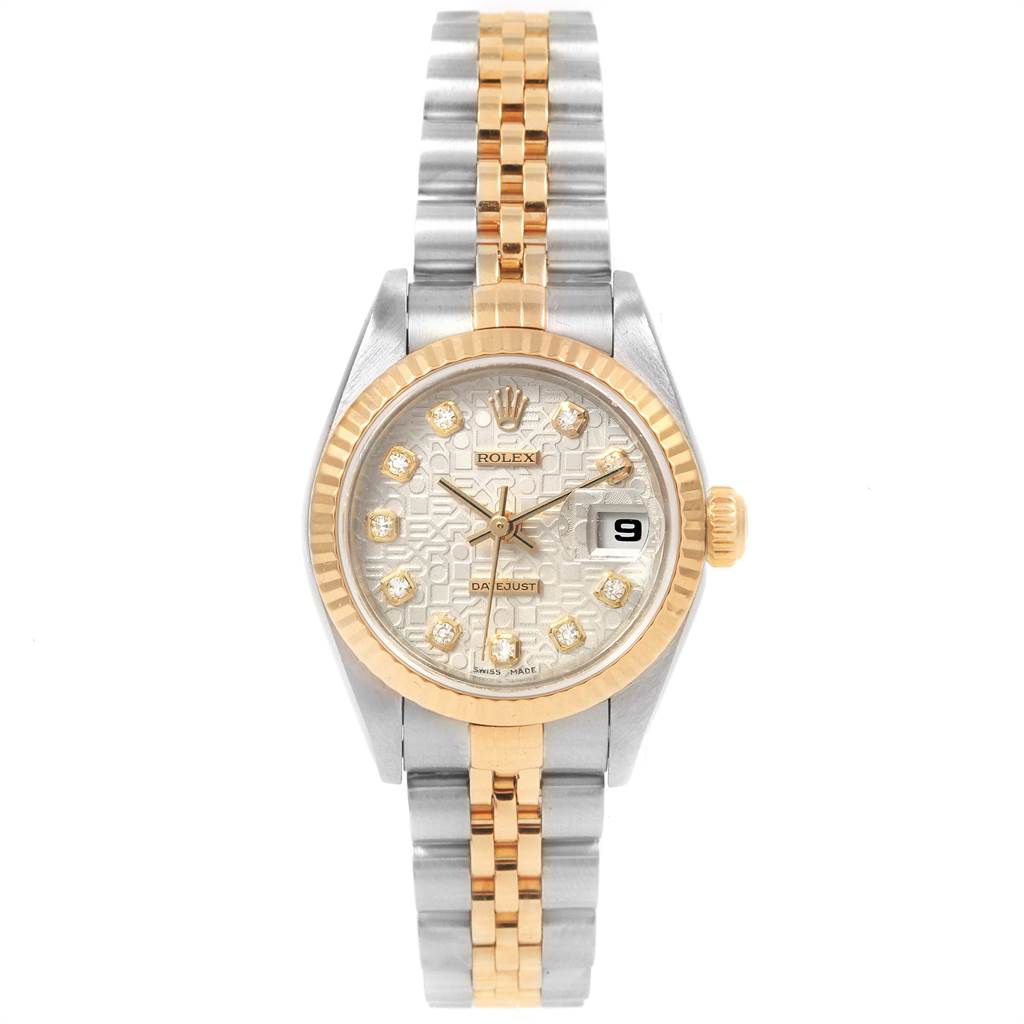 This image shows a Rolex Datejust 79173 Women's Steel and Gold (two tone) Silver Dial 79173 Women's Steel and Gold (two tone) Silver Dial watch from the front, highlighting the dial, bezel, and bracelet.