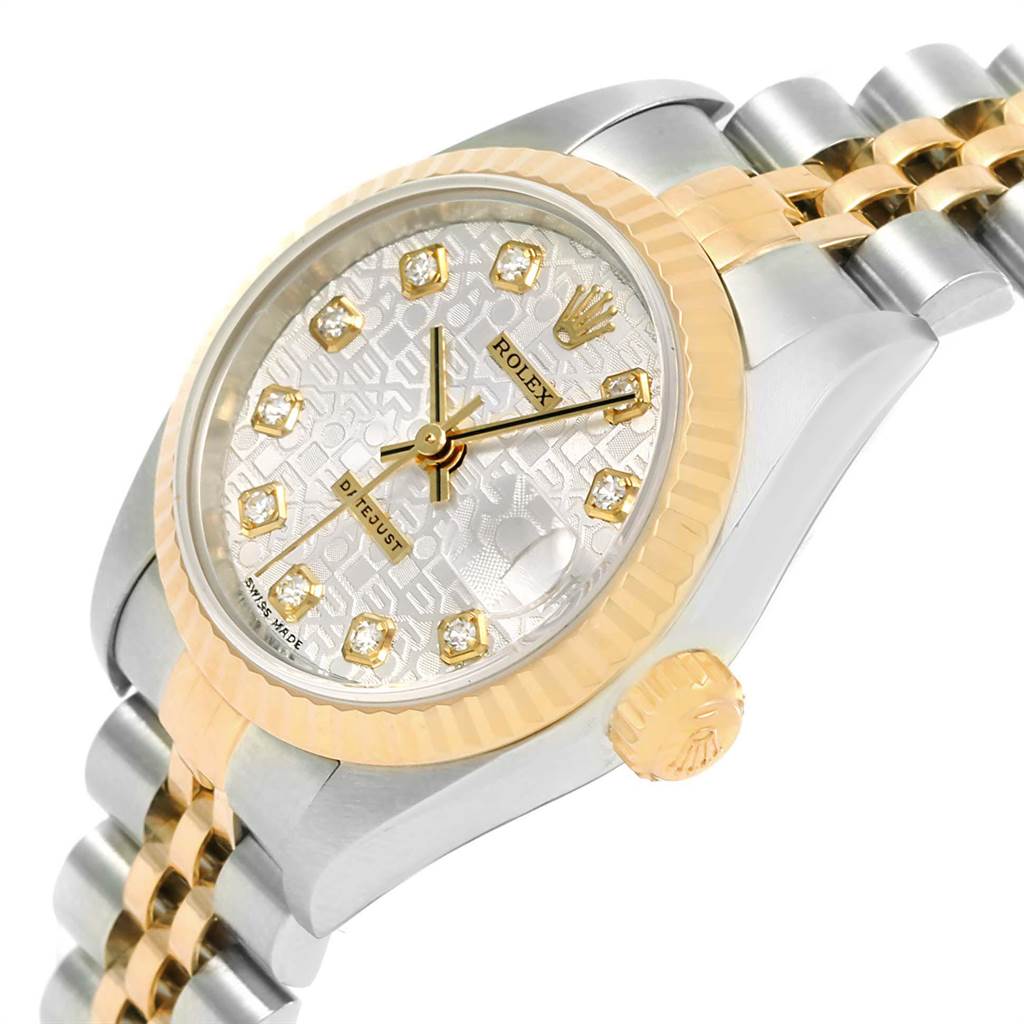 The image shows a close-up angle of a Rolex Datejust 79173 Women's Steel and Gold (two tone) Silver Dial 79173 Women's Steel and Gold (two tone) Silver Dial watch, highlighting the dial, crown, and bracelet details.