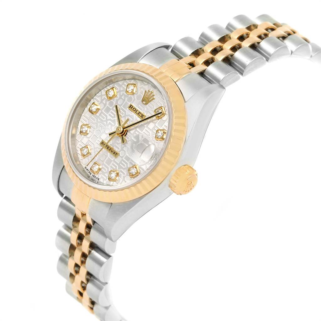 The Rolex Datejust 79173 Women's Steel and Gold (two tone) Silver Dial 79173 Women's Steel and Gold (two tone) Silver Dial watch is shown at a slight angle, highlighting the dial, bezel, crown, and part of the two-tone bracelet.