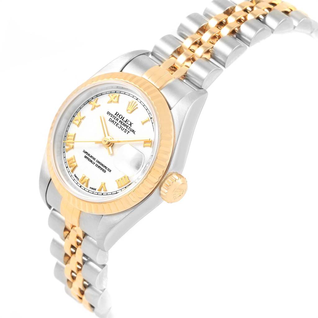 The image displays a side angle of a Rolex Datejust 69173 Women's Stainless Steel White Dial 69173 Women's Stainless Steel White Dial watch, showing the face, bezel, crown, and part of the bracelet.