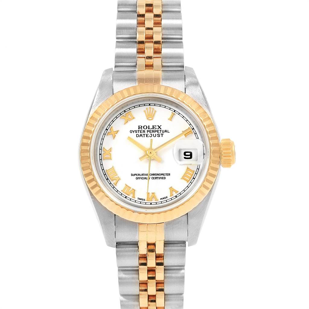 The image shows a frontal view of a Rolex Datejust 69173 Women's Stainless Steel White Dial 69173 Women's Stainless Steel White Dial watch with a two-tone bracelet and gold fluted bezel.