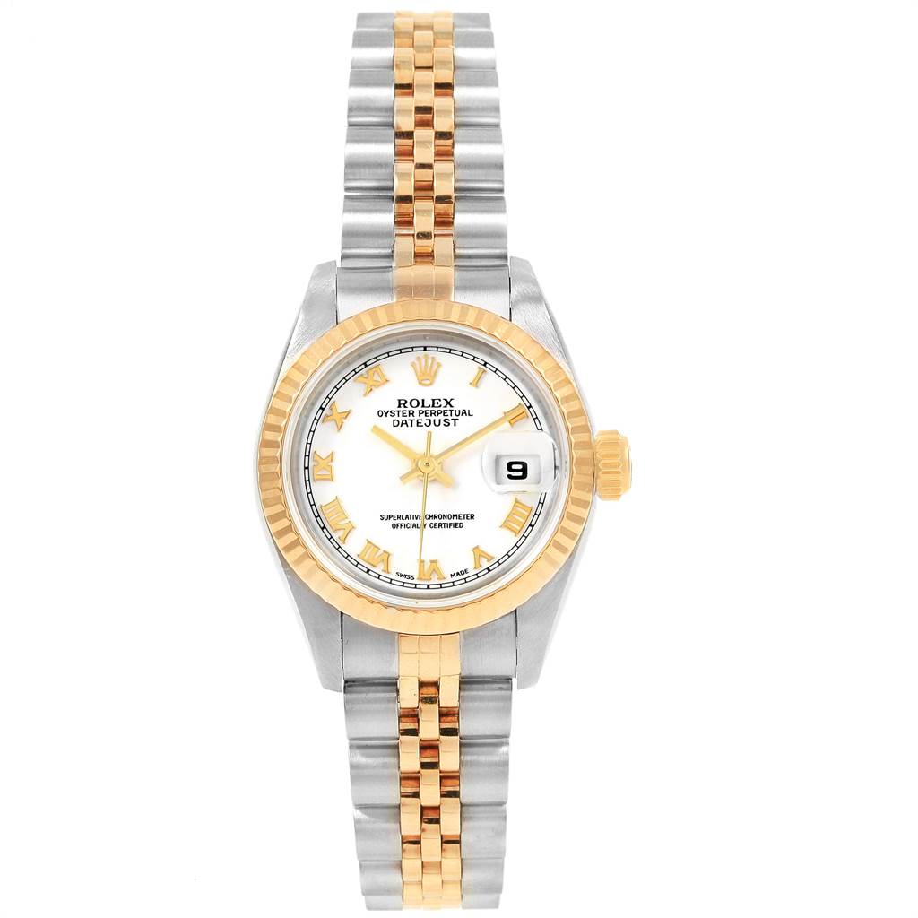 The image shows a front view of a Rolex Datejust 69173 Women's Stainless Steel White Dial 69173 Women's Stainless Steel White Dial watch, highlighting the dial, bezel, and two-tone bracelet.