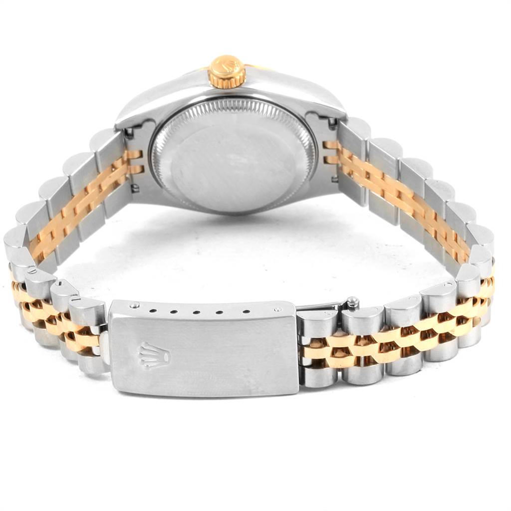 The image shows the rear view of the Rolex Datejust 69173 Women's Stainless Steel White Dial 69173 Women's Stainless Steel White Dial watch, highlighting the case back and the two-tone bracelet with the clasp.