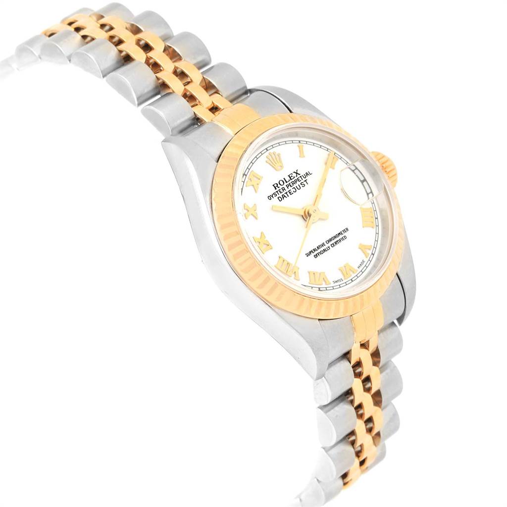 The image shows a side-angle view of a Rolex Datejust 69173 Women's Stainless Steel White Dial 69173 Women's Stainless Steel White Dial watch, highlighting its two-tone band, bezel, dial, and part of the crown.