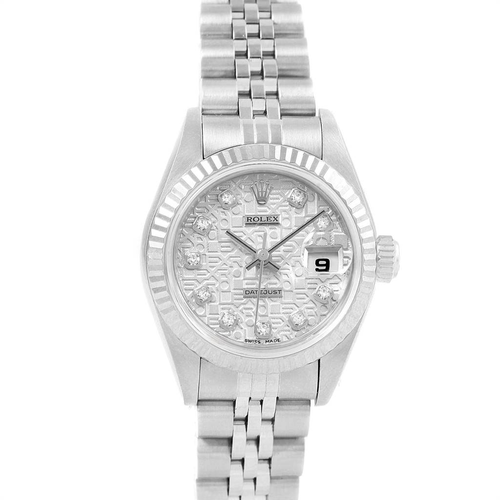 The image shows a front view of a Rolex Datejust 79174 Women
s Stainless Steel Silver Dial 79174 Women
s Stainless Steel Silver Dial watch, highlighting its bracelet, dial, bezel, and crown.