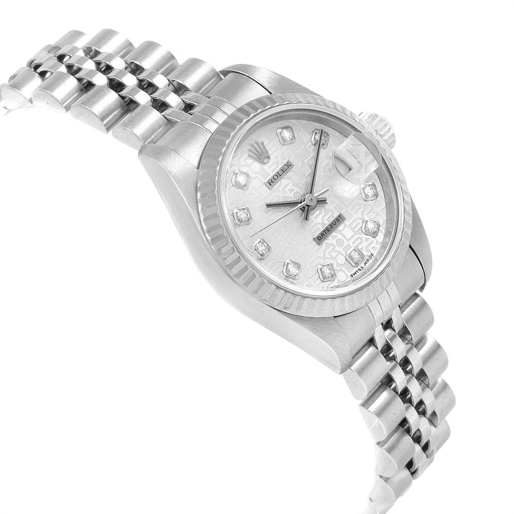 This image shows a Rolex Datejust 79174 Women
s Stainless Steel Silver Dial 79174 Women
s Stainless Steel Silver Dial watch at a three-quarter angle, focusing on the face and bracelet.