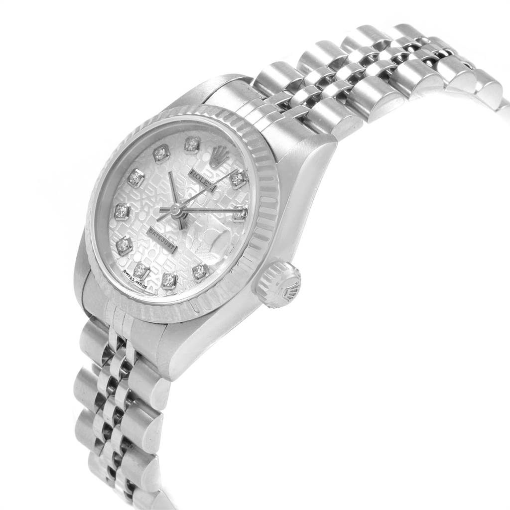 This image shows a close-up, angled view of the Rolex Datejust 79174 Women
s Stainless Steel Silver Dial 79174 Women
s Stainless Steel Silver Dial, highlighting the dial, bezel, crown, and bracelet.