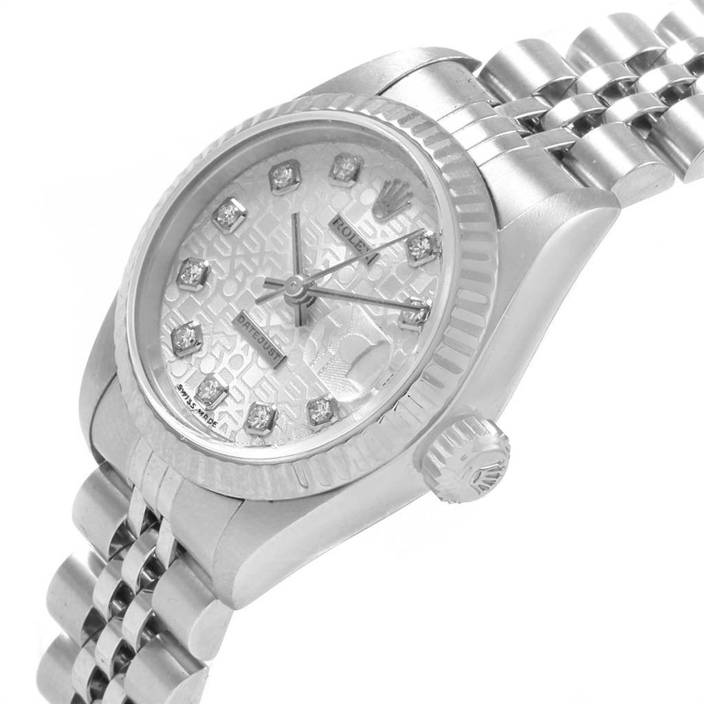This image shows a close-up, angled view of the Rolex Datejust 79174 Women
s Stainless Steel Silver Dial 79174 Women
s Stainless Steel Silver Dial watch, highlighting its face, crown, and part of the bracelet.