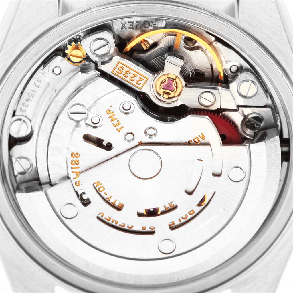 The image shows the internal mechanism of a Rolex Datejust 79174 Women
s Stainless Steel Silver Dial 79174 Women
s Stainless Steel Silver Dial watch viewed from the back.