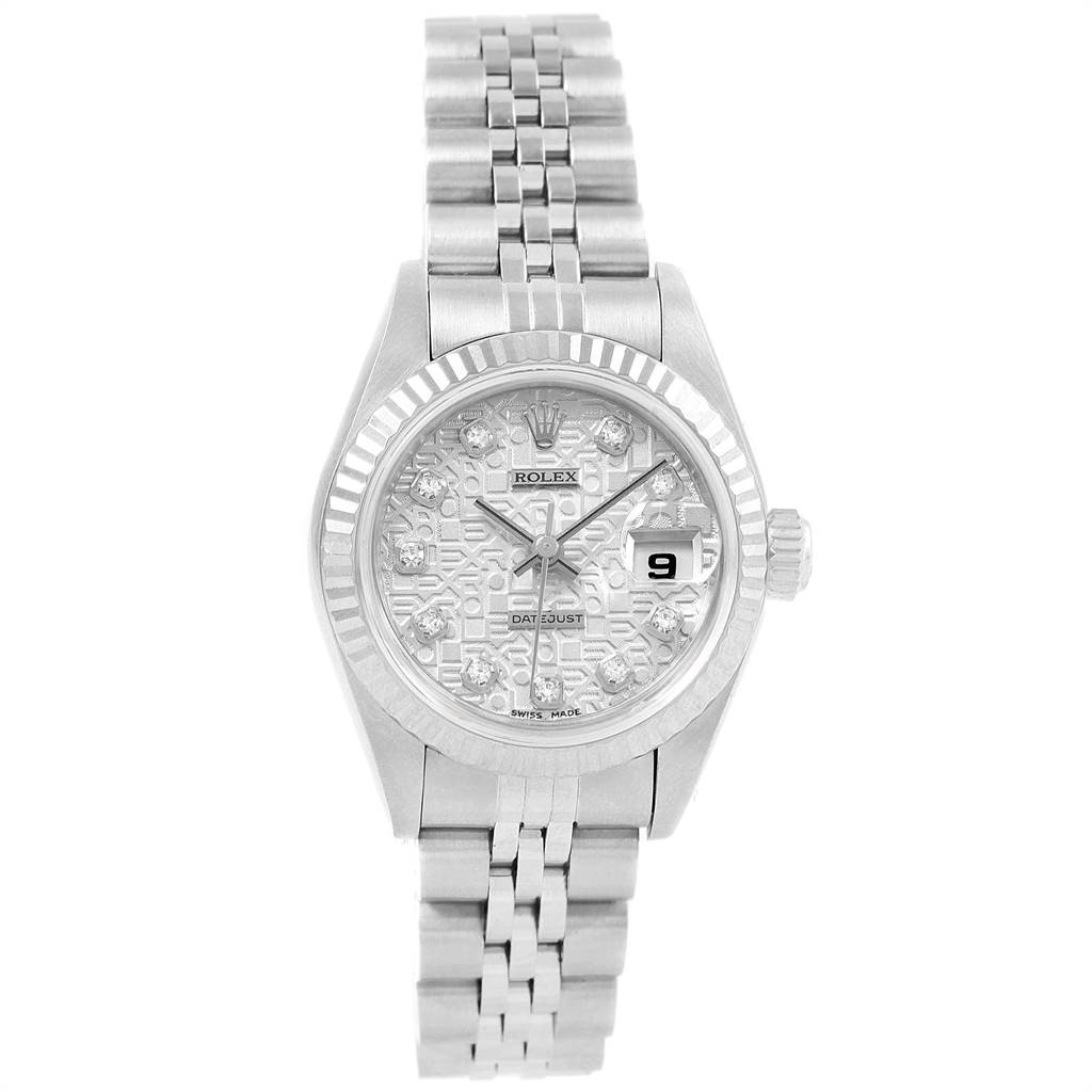 The Rolex Datejust 79174 Women
s Stainless Steel Silver Dial 79174 Women
s Stainless Steel Silver Dial watch is shown from the front, displaying its dial, bezel, crown, and bracelet.