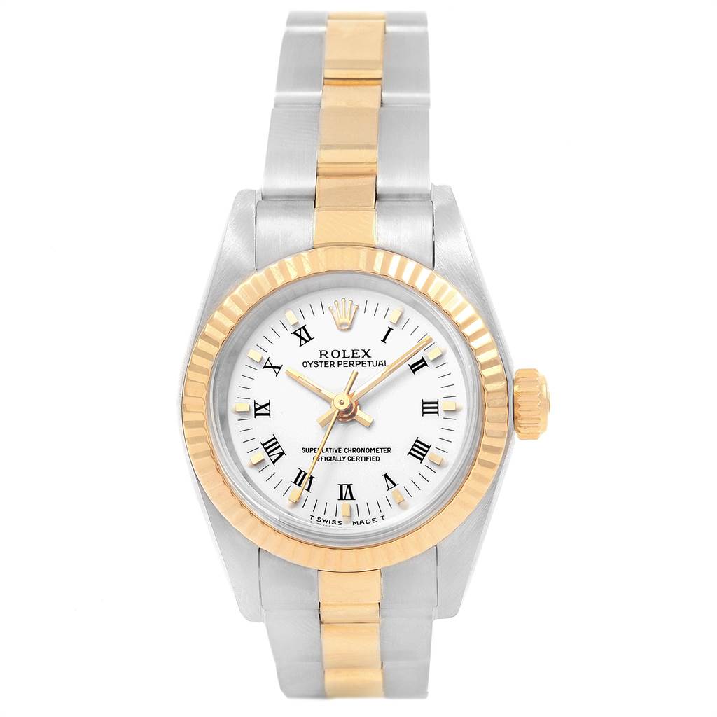 The image shows a front view of the Rolex Datejust 69173 Women's Stainless Steel White Dial 69173 Women's Stainless Steel White Dial watch, showcasing its dial, bezel, and bracelet.