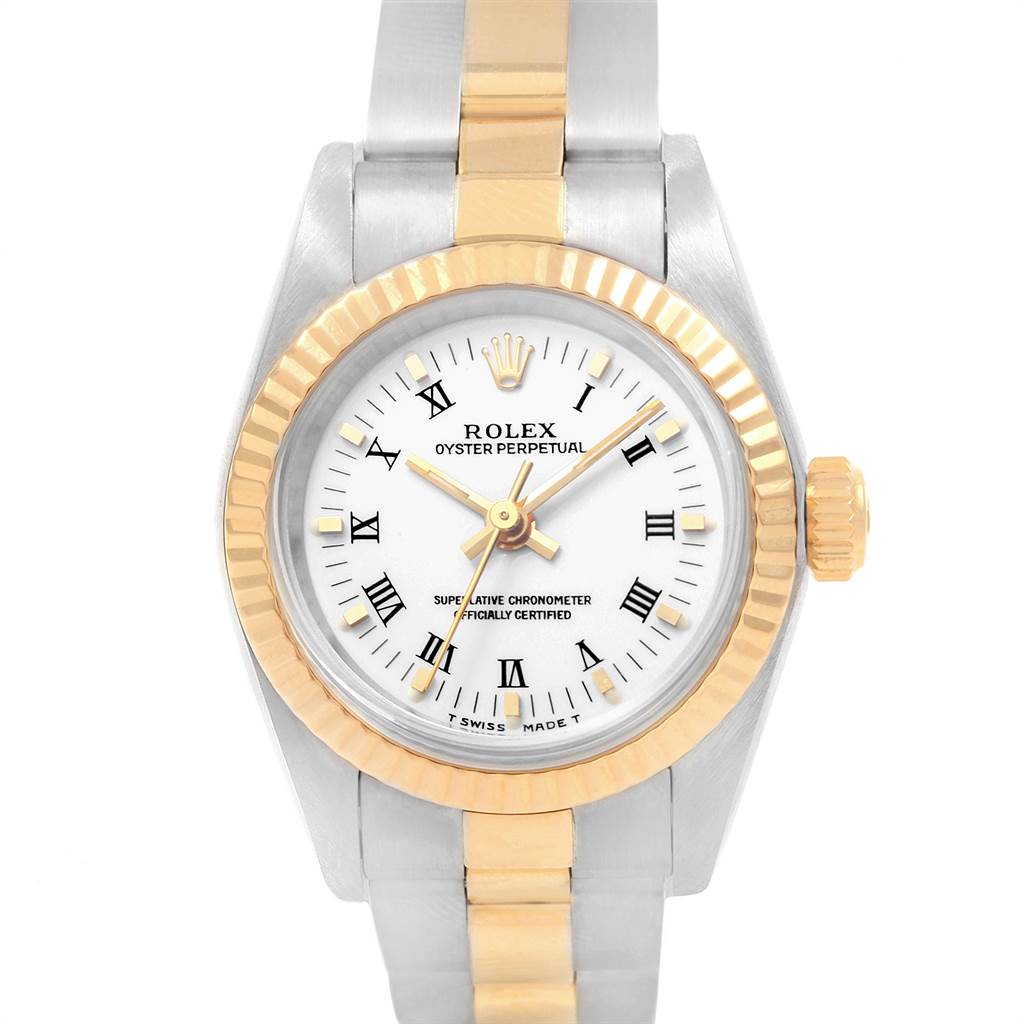 This image shows a frontal view of the Rolex Datejust 69173 Women's Stainless Steel White Dial 69173 Women's Stainless Steel White Dial model, displaying its bezel, dial, hands, crown, and bracelet.