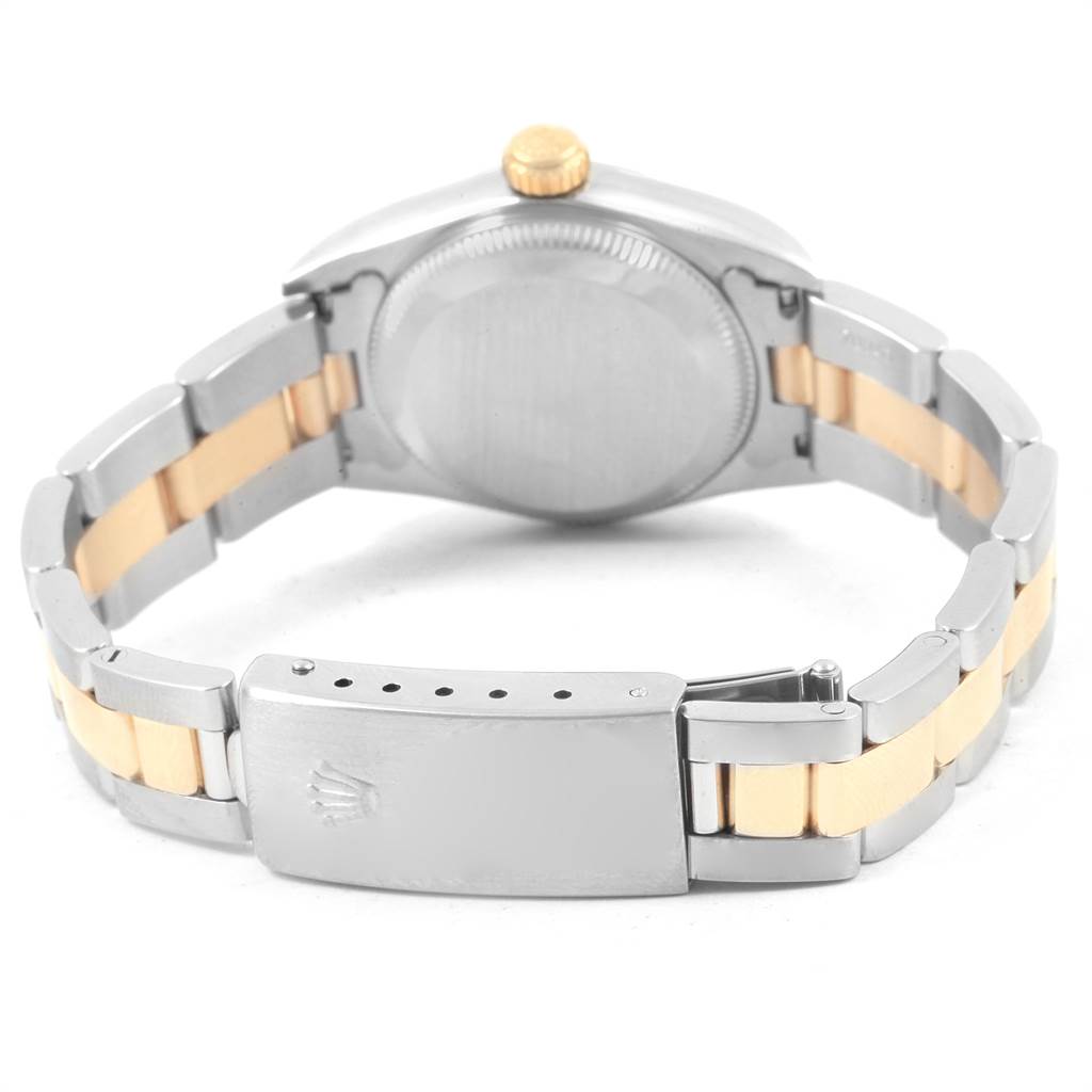 This Rolex Datejust 69173 Women's Stainless Steel White Dial 69173 Women's Stainless Steel White Dial watch is shown from the back, highlighting its two-tone bracelet and clasp, as well as the rear case.