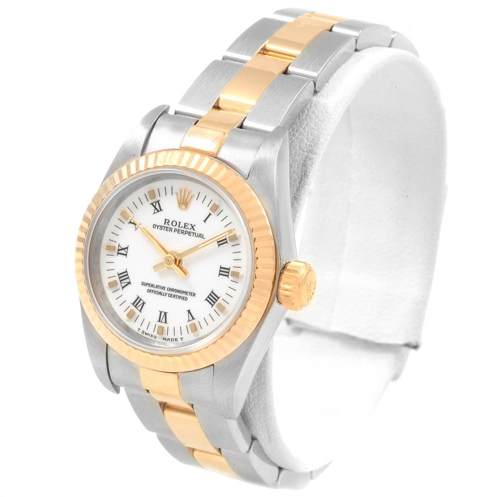 This Rolex Datejust 69173 Women's Stainless Steel White Dial 69173 Women's Stainless Steel White Dial model is shown at a three-quarter angle, highlighting its face, bezel, crown, and two-tone bracelet.
