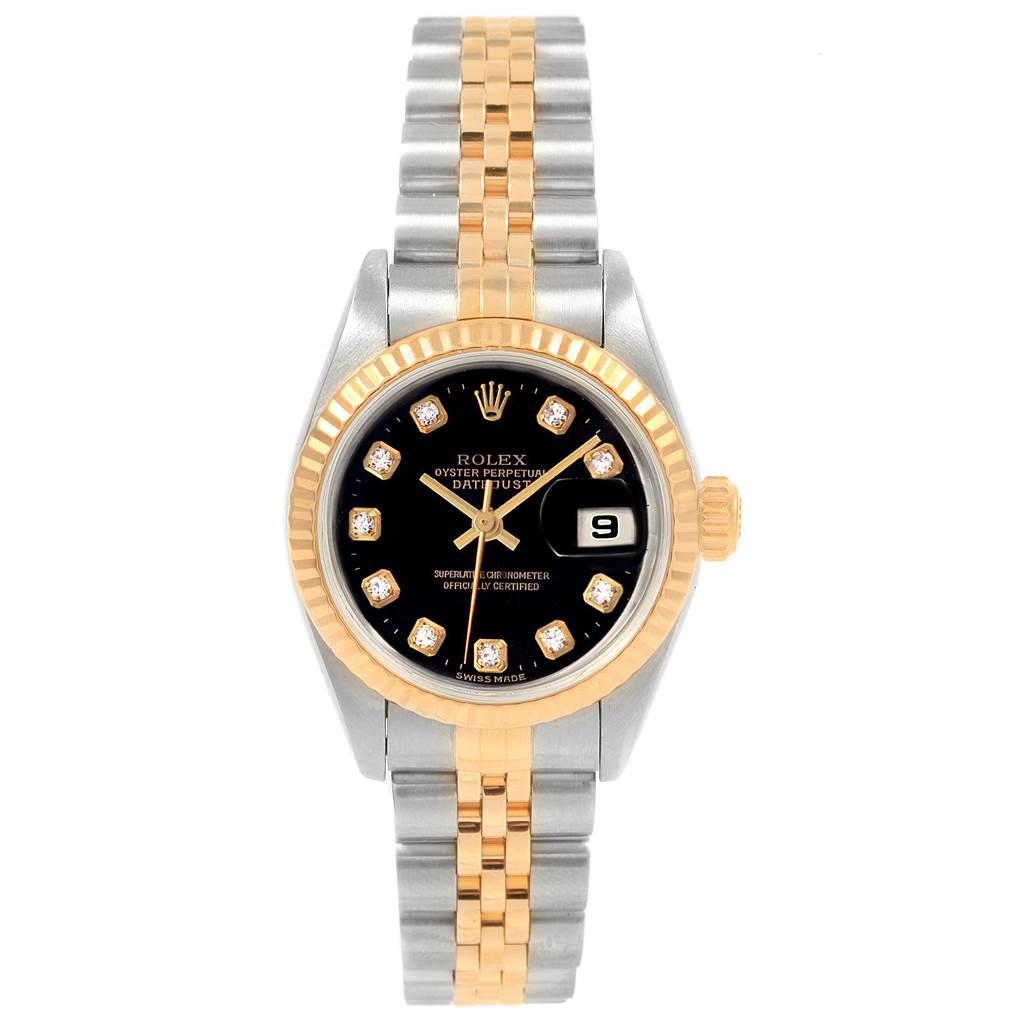 The Rolex Datejust 79173 Women
s Steel and Gold (two tone) Black Dial 79173 Women
s Steel and Gold (two tone) Black Dial watch is shown in a front view, displaying its two-tone bracelet, black dial, diamond markers, and date window.