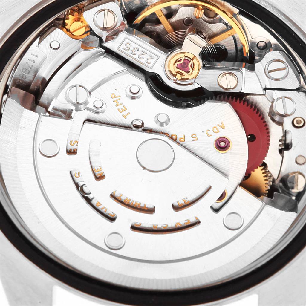 This image shows a close-up view of the movement inside a Rolex Datejust 79173 Women
s Steel and Gold (two tone) Black Dial 79173 Women
s Steel and Gold (two tone) Black Dial watch.