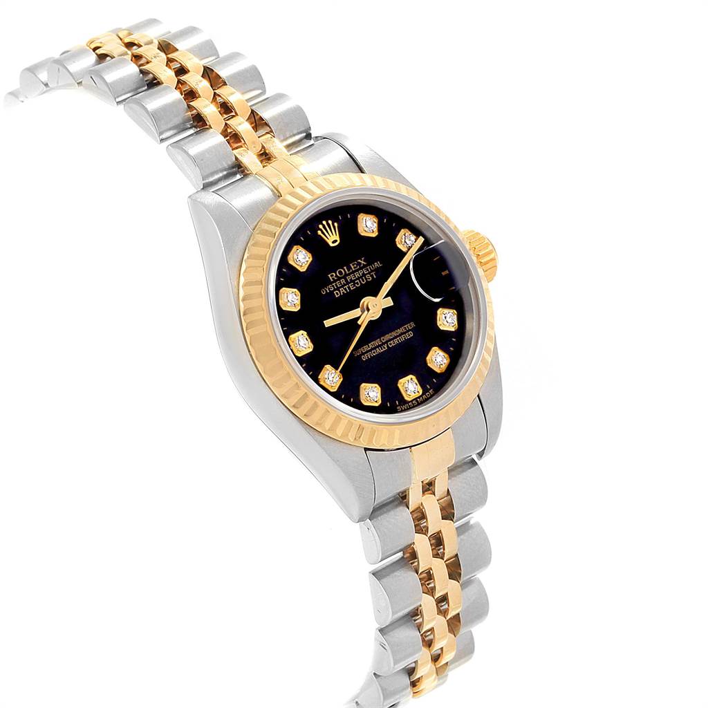 The Rolex Datejust 69173 Women's Stainless Steel Black Dial 69173 Women's Stainless Steel Black Dial watch is shown at a diagonal angle, highlighting the dial, bezel, bracelet, and crown.