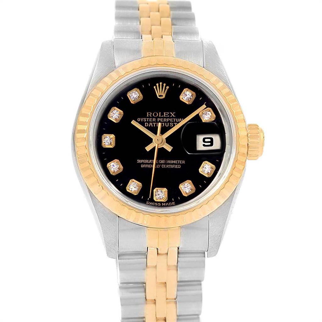 This image shows a Rolex Datejust 69173 Women's Stainless Steel Black Dial 69173 Women's Stainless Steel Black Dial watch from a front angle, highlighting its dial, bezel, and bracelet.