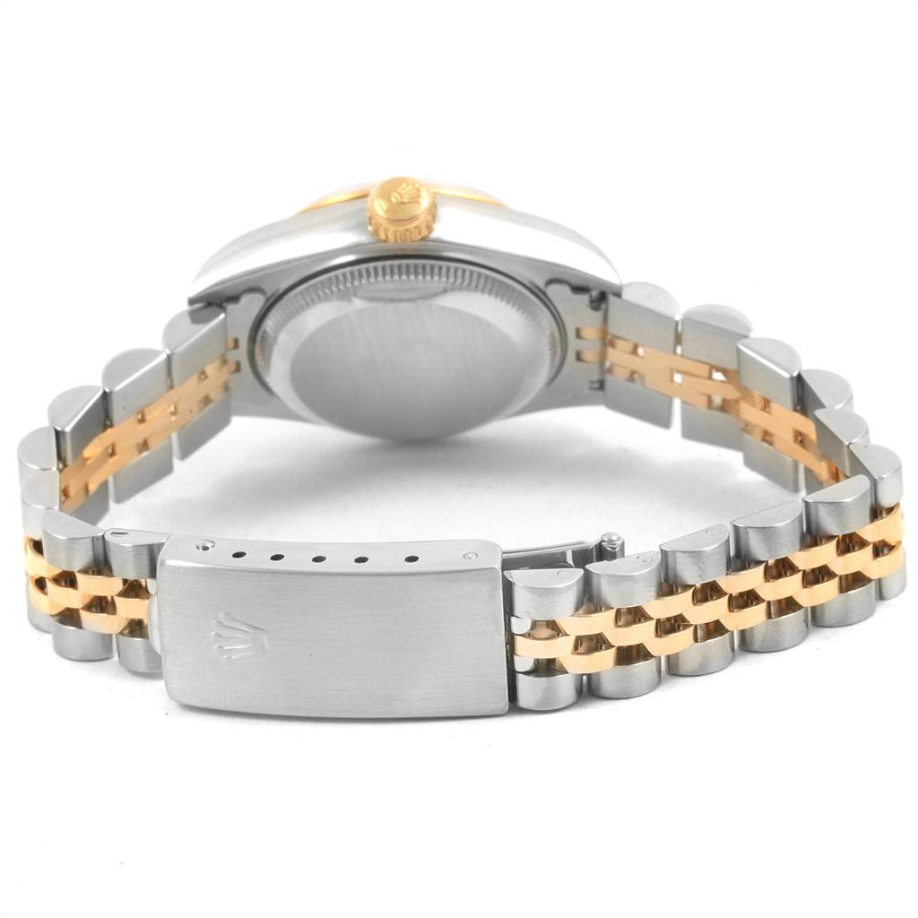 The image shows the backside and clasp of a Rolex Datejust 69173 Women's Stainless Steel Black Dial 69173 Women's Stainless Steel Black Dial watch, highlighting the bracelet and case back.