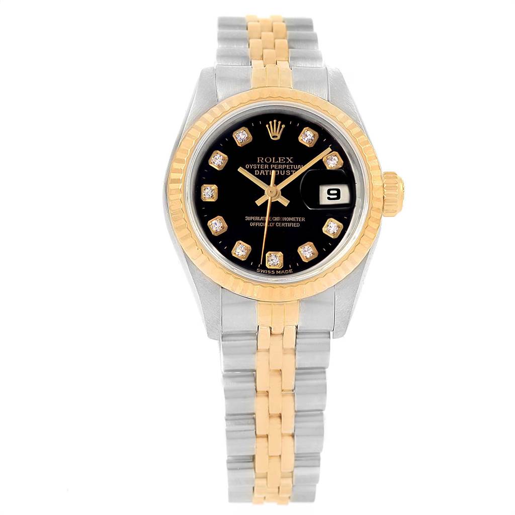 This image shows a front view of the Rolex Datejust 69173 Women's Stainless Steel Black Dial 69173 Women's Stainless Steel Black Dial watch, showcasing its black dial, date window, and two-tone bracelet.