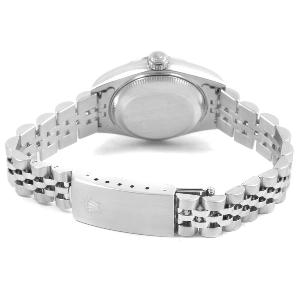 The image shows the back and bracelet clasp of a Rolex Datejust 79174 Women
s Stainless Steel Pink Dial 79174 Women
s Stainless Steel Pink Dial watch.