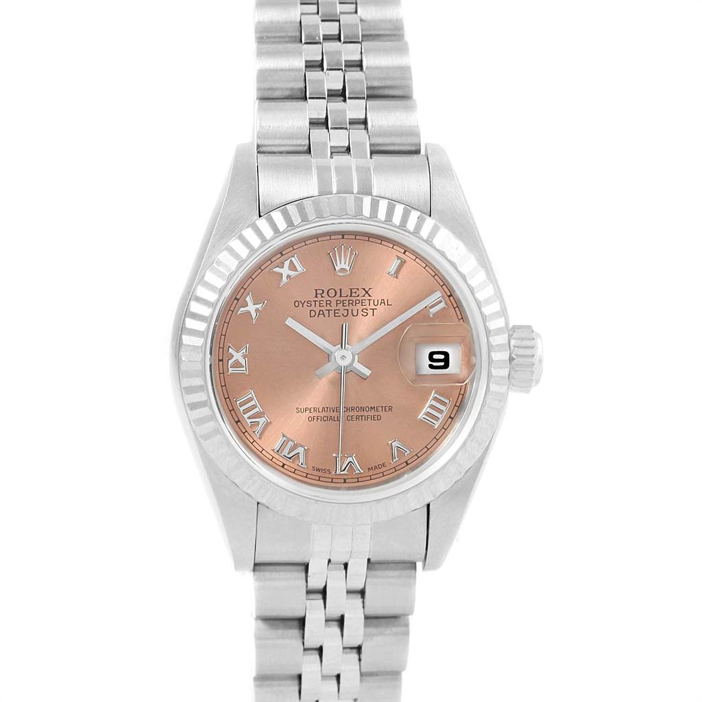 This image shows a Rolex Datejust 79174 Women
s Stainless Steel Pink Dial 79174 Women
s Stainless Steel Pink Dial watch from a top-down angle featuring the dial, bezel, crown, and bracelet.