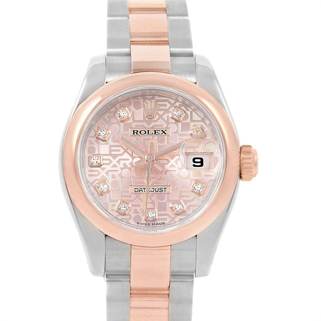 This is a front view of the Rolex Datejust 179161 Women's Steel and Gold (two tone) Pink Dial 179161 Women's Steel and Gold (two tone) Pink Dial watch, showcasing the dial, bezel, and part of the bracelet.