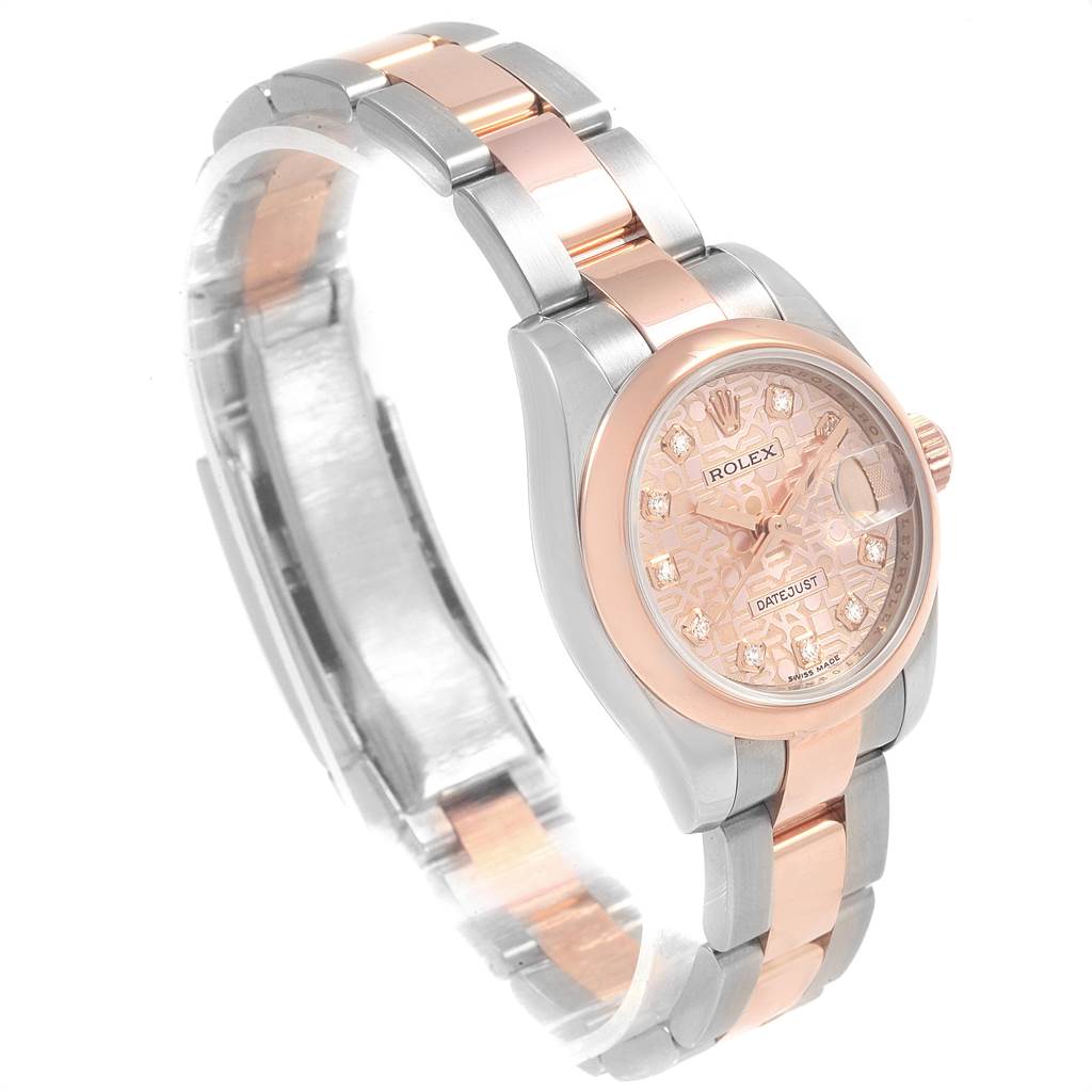 The image shows a Rolex Datejust 179161 Women's Steel and Gold (two tone) Pink Dial 179161 Women's Steel and Gold (two tone) Pink Dial watch at a side angle, displaying the bracelet, dial, and partially the crown.