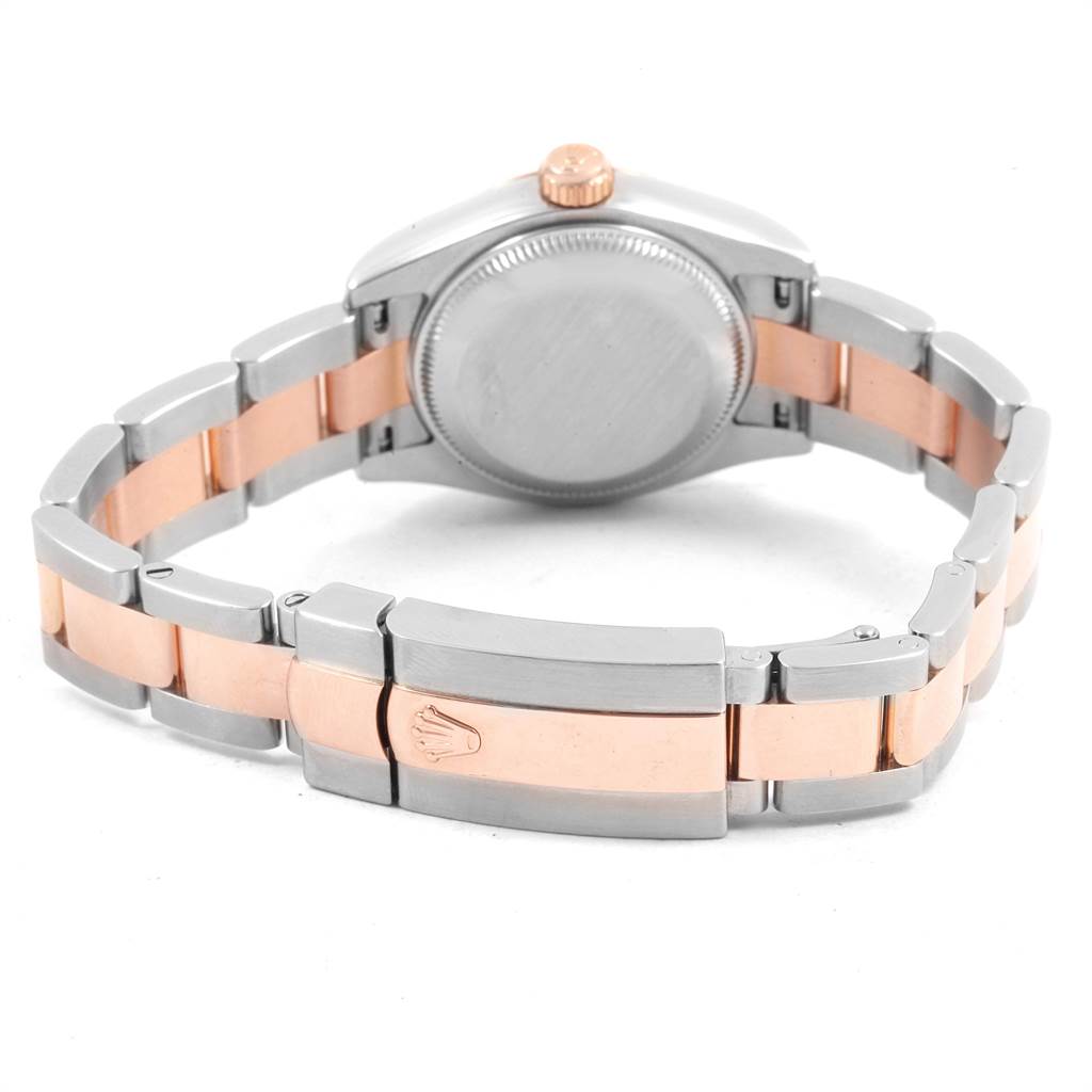 This image shows the back view of a Rolex Datejust 179161 Women's Steel and Gold (two tone) Pink Dial 179161 Women's Steel and Gold (two tone) Pink Dial watch, highlighting the case back and the two-tone bracelet with a clasp.