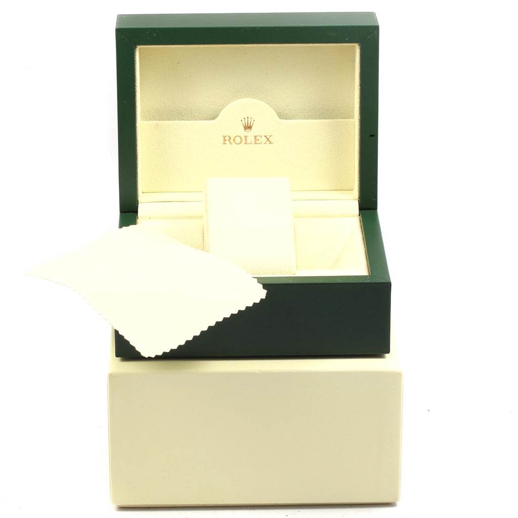 The image shows an empty Rolex Datejust 179161 Women's Steel and Gold (two tone) Pink Dial 179161 Women's Steel and Gold (two tone) Pink Dial watch box with an open lid and a cleaning cloth.