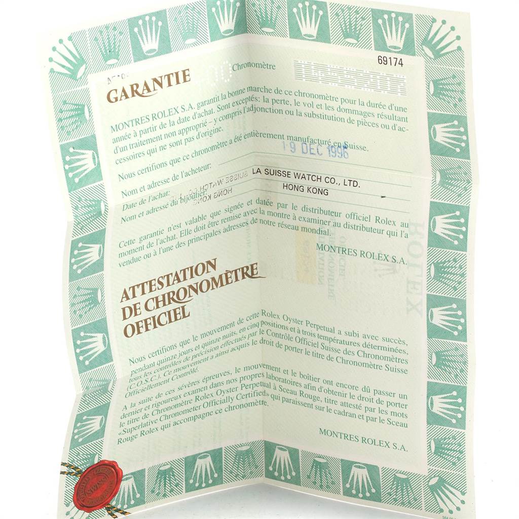 The image shows a warranty card for the Rolex Datejust 69174 Women's Stainless Steel Pink Dial 69174 Women's Stainless Steel Pink Dial watch, including official chronometer certification details.