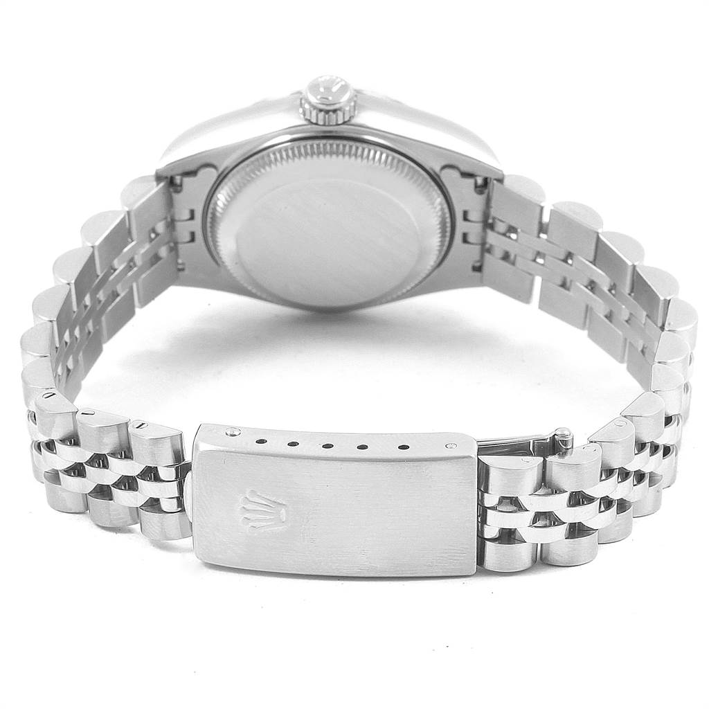 The image shows the back case and bracelet clasp of the Rolex Datejust 69174 Women's Stainless Steel Pink Dial 69174 Women's Stainless Steel Pink Dial watch from a rear angle.