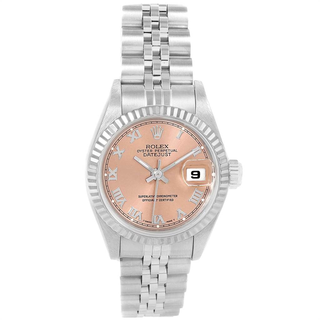 The image shows a front view of a Rolex Datejust 69174 Women's Stainless Steel Pink Dial 69174 Women's Stainless Steel Pink Dial watch, highlighting its face, dial, bezel, and Jubilee bracelet.